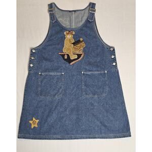 Vintage Womens Teddy Bear Patchwork Denim Overall Jumper Dress Country Basket